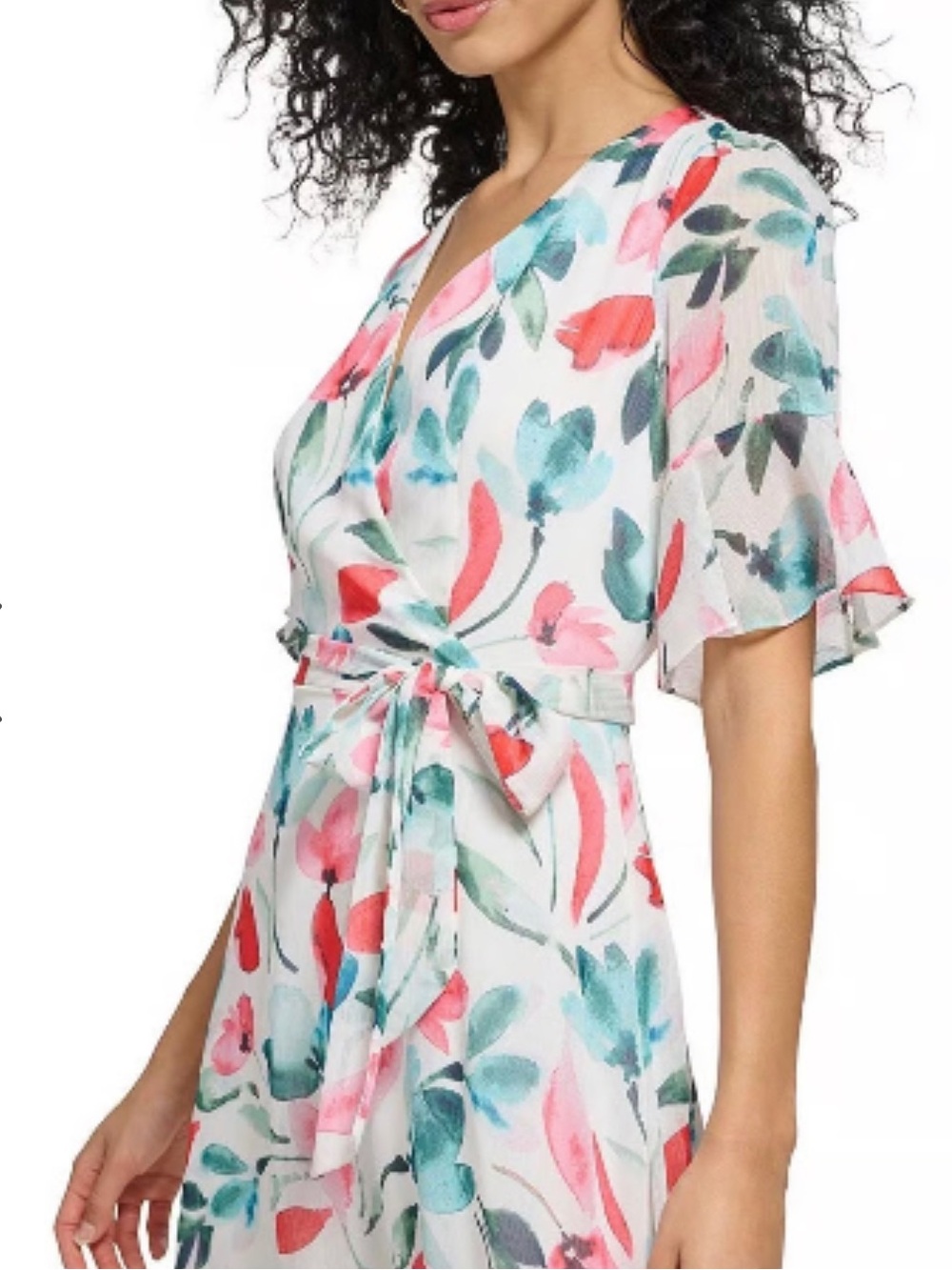 DKNY NWT Floral Wrap Midi Dress w Pink & Teal Blooms elbow flutter sleeve US 6